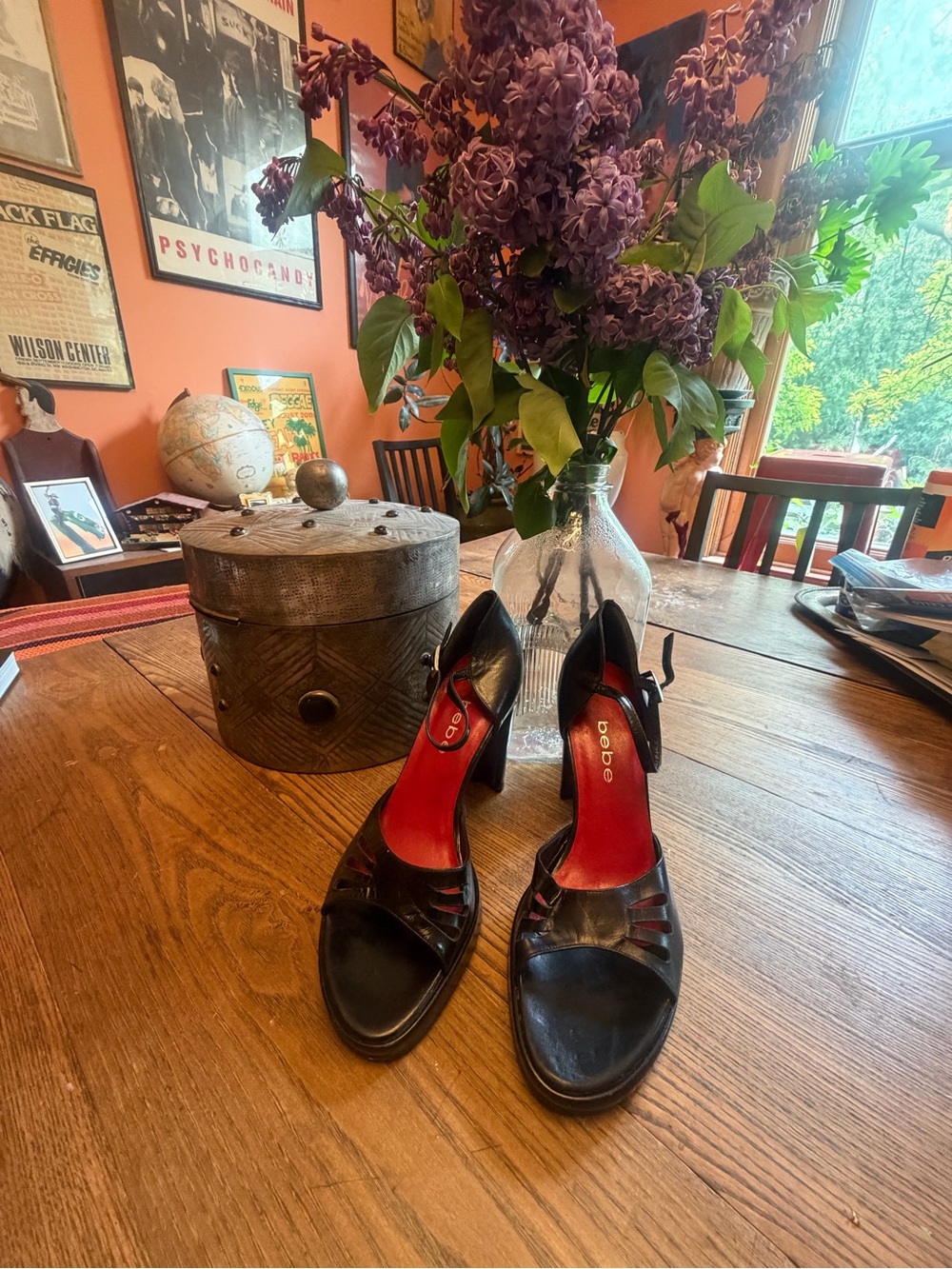 bebe Black Peep Toe Platform Pumps with Red Lining - Picture 3 of 6